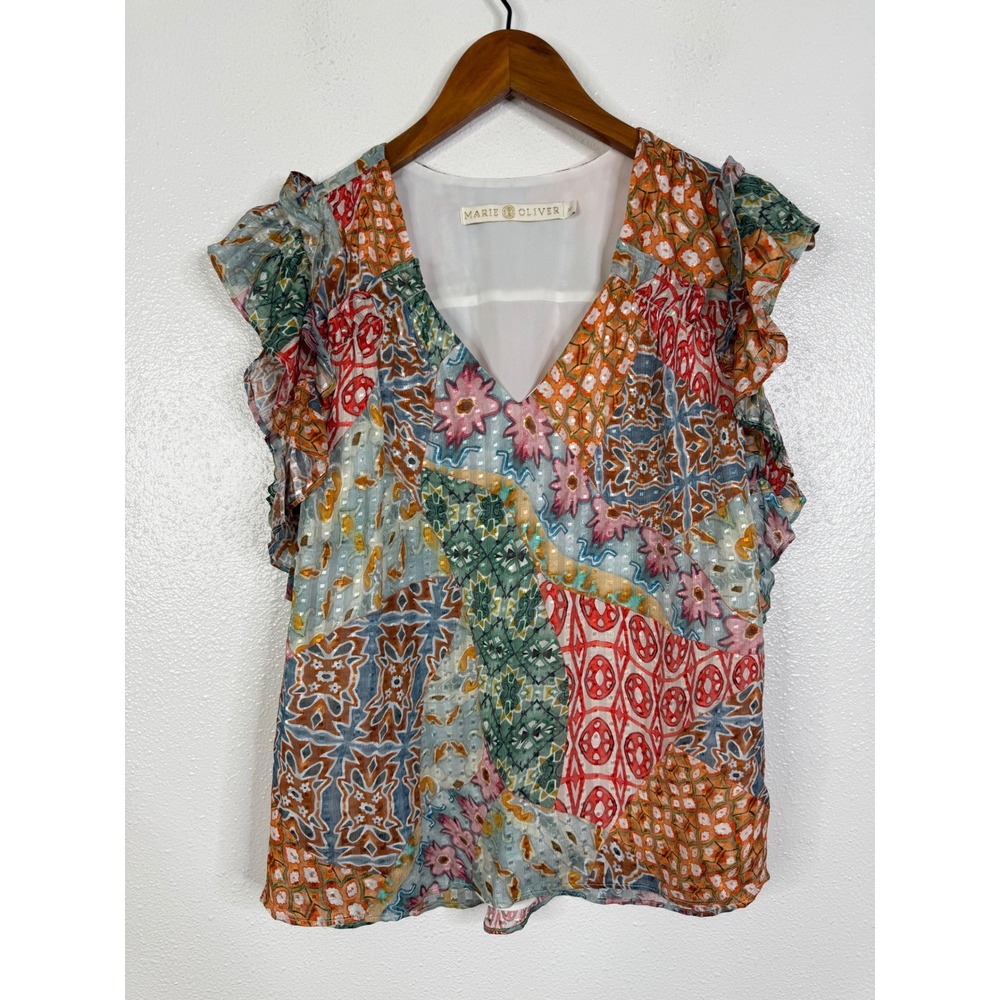 Marie Oliver Silk Blend Patchwork V-Neck Flutter Sleeve Ruffle Blouse XS Multi